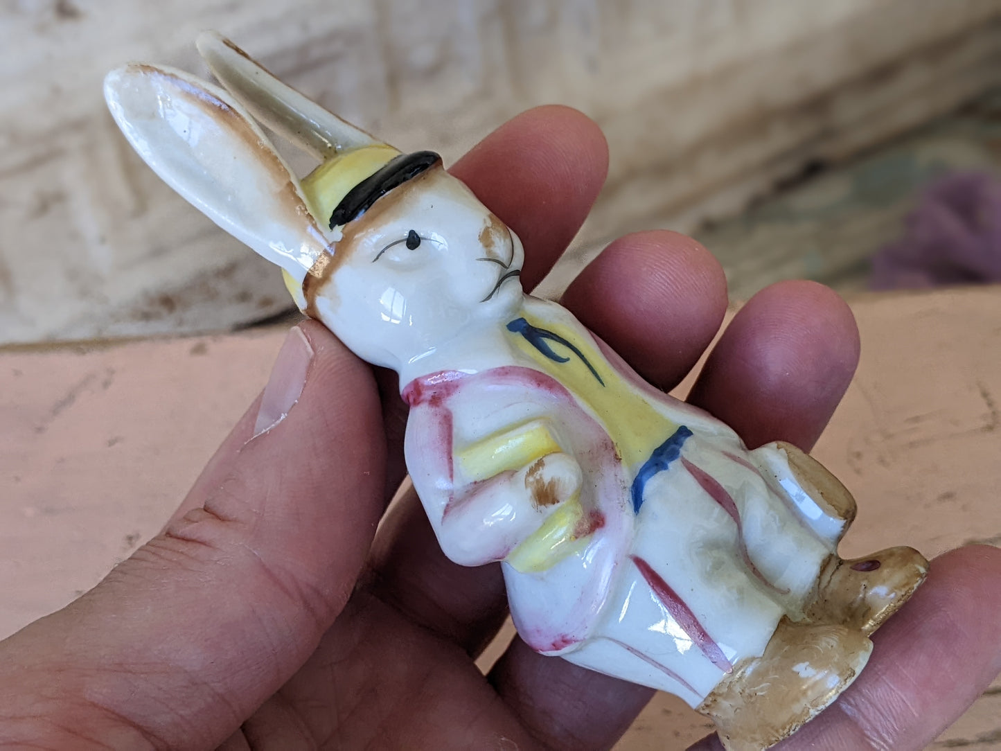 1950s Bunny School Boy Hat Books Porcelain Figurine Occupied Japan !! Amazing Vintage Gifts !! Antique Historical Collectibles !!