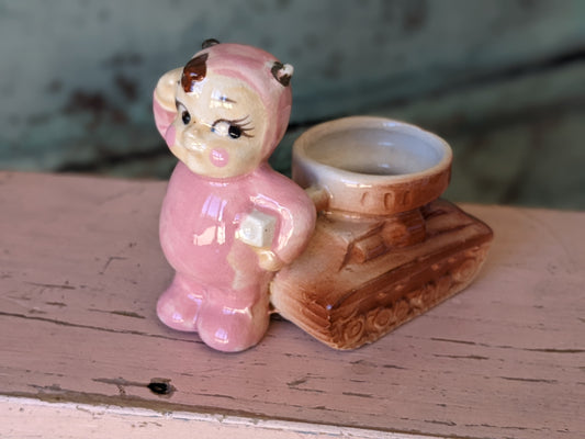 1950s Pink Devil Baby Warrior Soldier Japan Figurine Tank Toothpick Holder !! Unique Vintage Gifts Amazing Gift Ideas !!