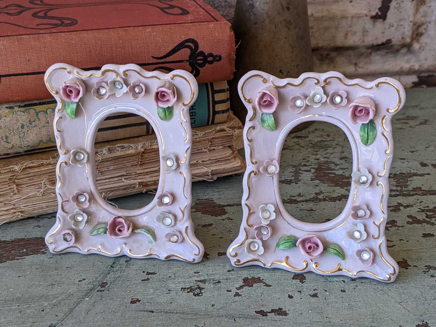 1950s Lefton China Picture Frames Set of 2 Soft Pale Pink No. 90510 Porcelain Flowers !! Joyful Vintage Gifts & Collectibles