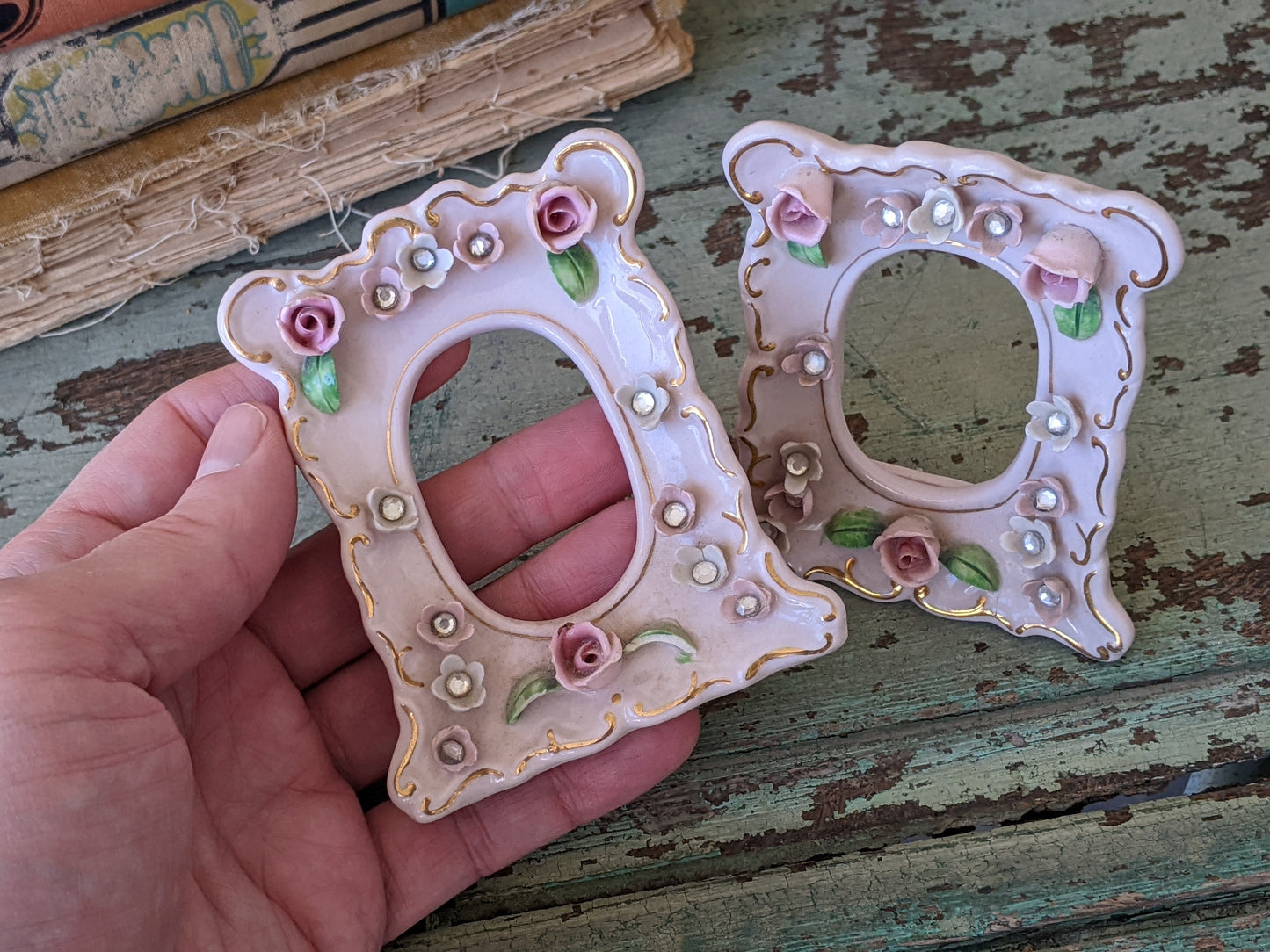 1950s Lefton China Picture Frames Set of 2 Soft Pale Pink No. 90510 Porcelain Flowers !! Joyful Vintage Gifts & Collectibles