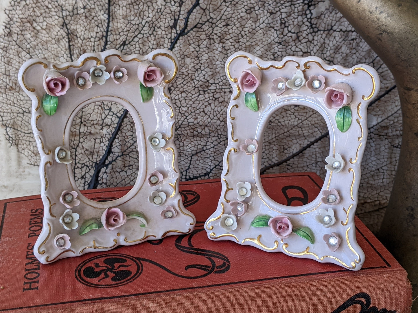 1950s Lefton China Picture Frames Set of 2 Soft Pale Pink No. 90510 Porcelain Flowers !! Joyful Vintage Gifts & Collectibles