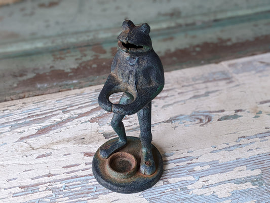 Vintage Cast Iron Frog Whimsical Candlestick Holder Anthropomorphic Statue !! Amazing Joyful Gifts & Collectibles