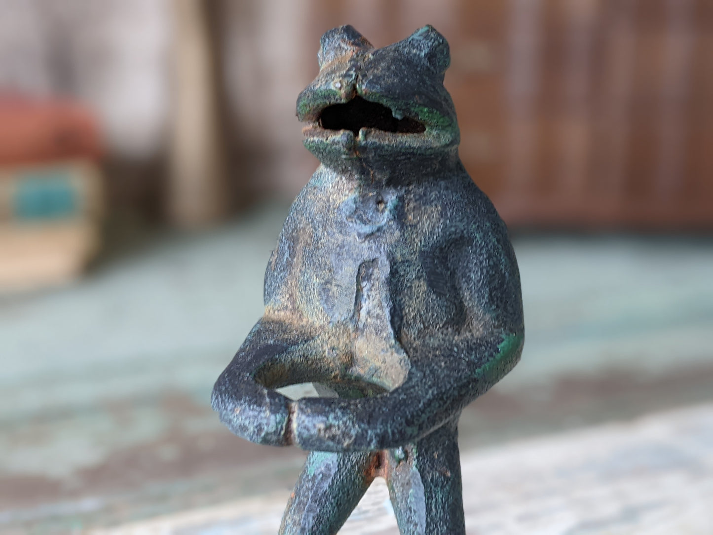 Vintage Cast Iron Frog Whimsical Candlestick Holder Anthropomorphic Statue !! Amazing Joyful Gifts & Collectibles