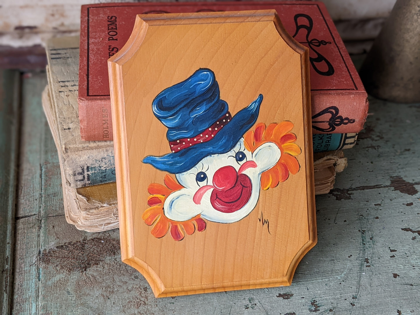 Vintage Signed Original Clown Portrait Painting on Wood Plaque !! Awesome Unique Art Gifts & Collectibles !!