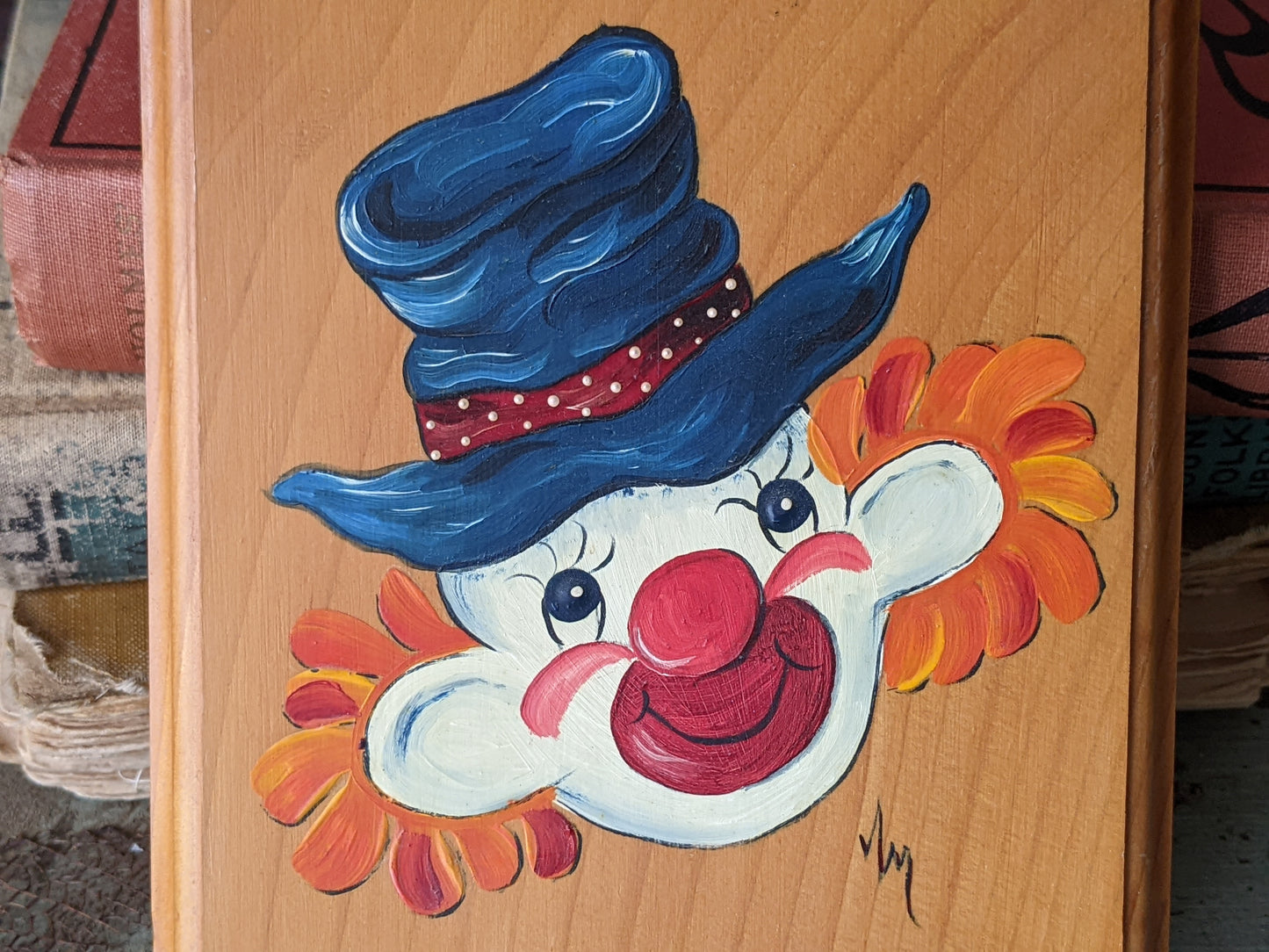 Vintage Signed Original Clown Portrait Painting on Wood Plaque !! Awesome Unique Art Gifts & Collectibles !!