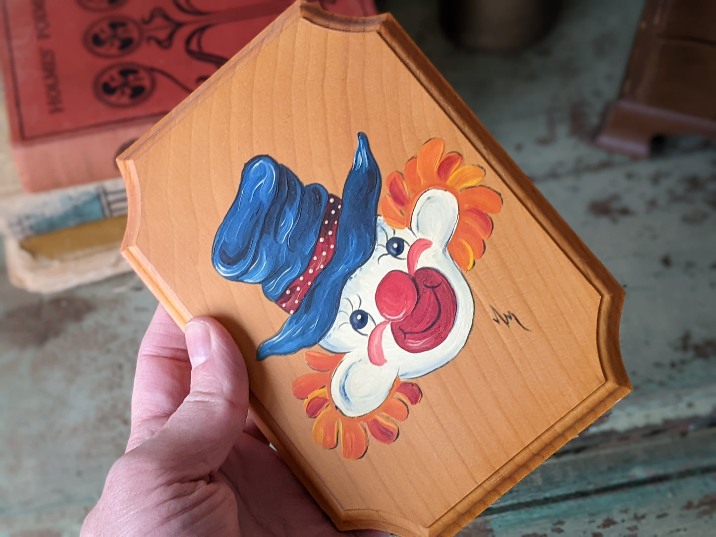 Vintage Signed Original Clown Portrait Painting on Wood Plaque !! Awesome Unique Art Gifts & Collectibles !!