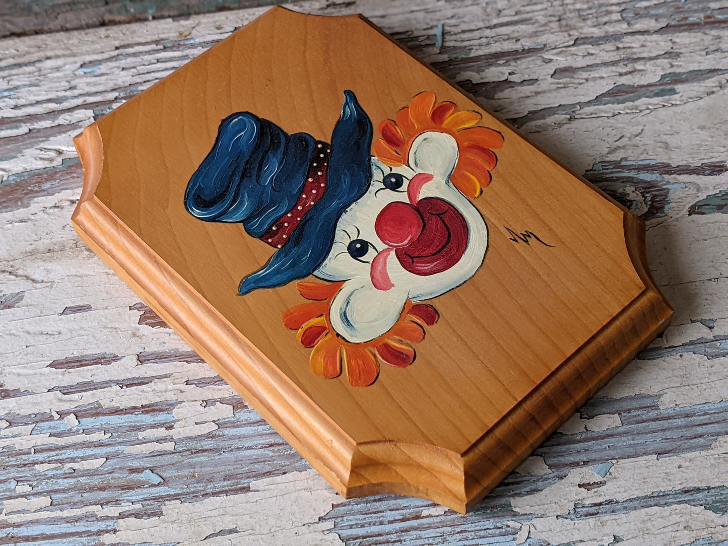 Vintage Signed Original Clown Portrait Painting on Wood Plaque !! Awesome Unique Art Gifts & Collectibles !!