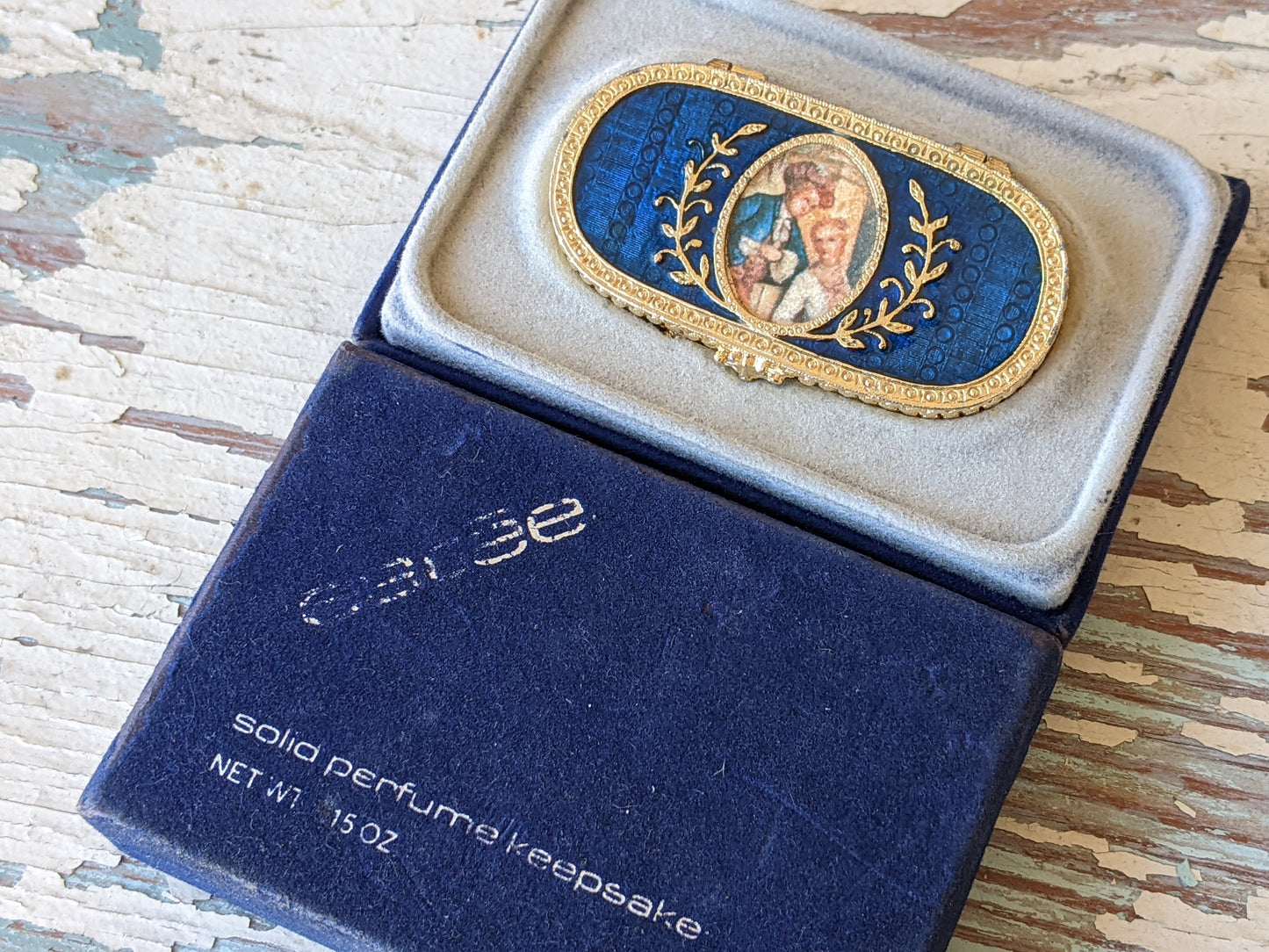 1970s Victorian Solid Perfume Keepsake By Estee Lauder ! Royal Blue Enamel Gold Compact Original Box ! Amazing Vintage Gifts & Collectibles