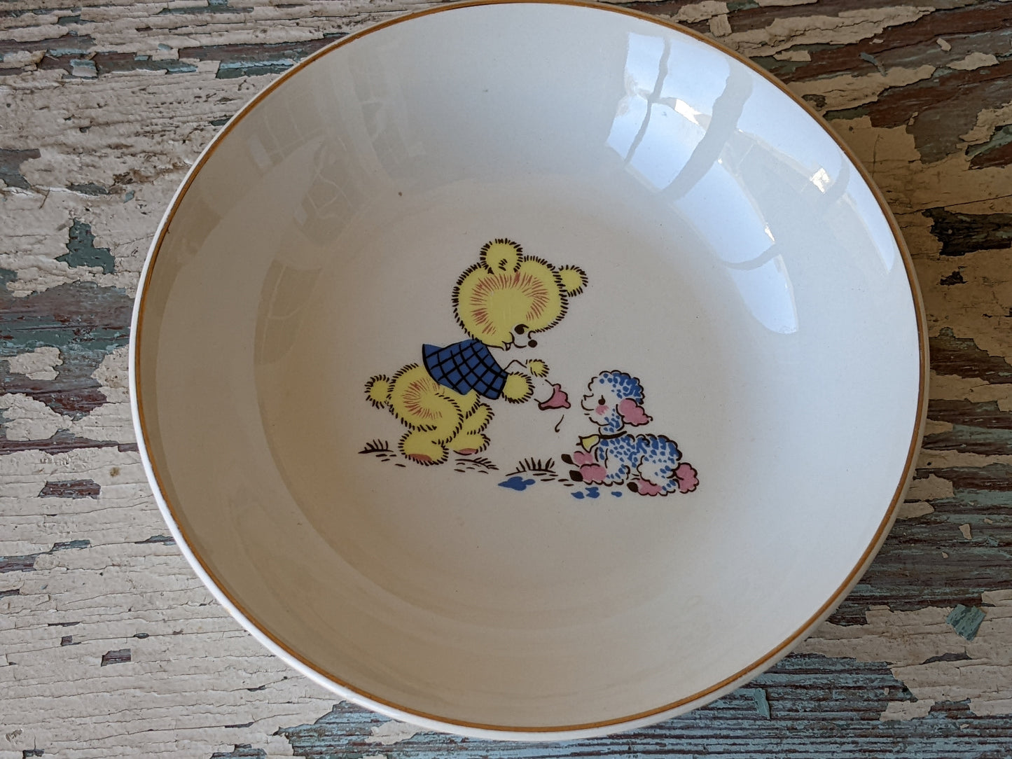 Vintage Kitsch Yellow Bear Feeding Blue Pink Lamb by Mod-Ant Ceramics !! Kitschy Joyful Gifts & Collectibles