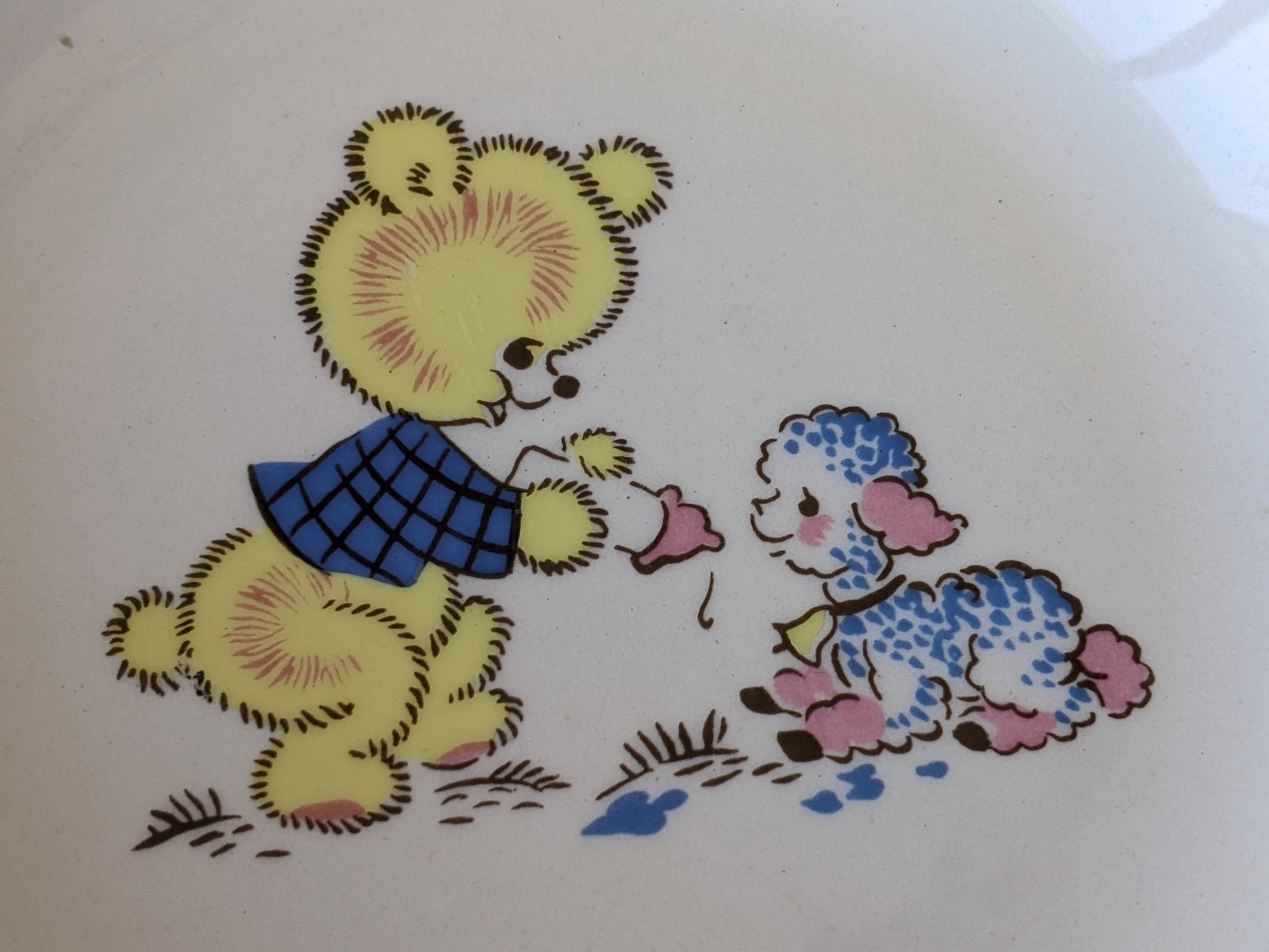 Vintage Kitsch Yellow Bear Feeding Blue Pink Lamb by Mod-Ant Ceramics !! Kitschy Joyful Gifts & Collectibles