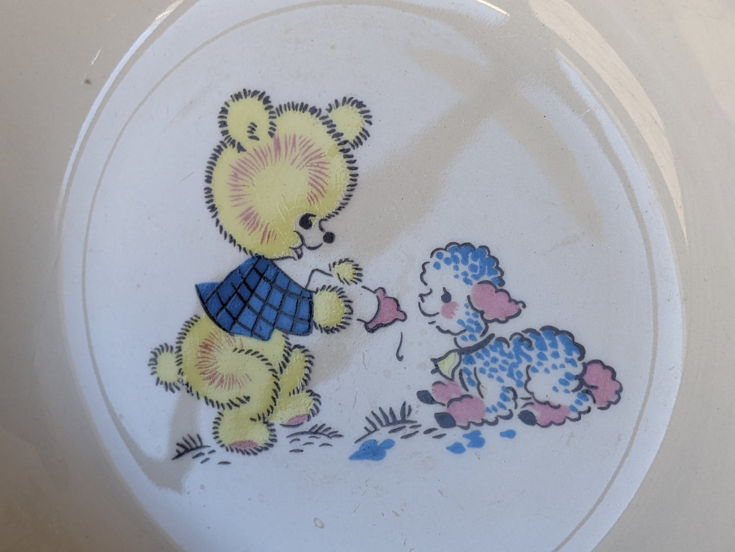 Vintage Kitsch Yellow Bear Feeding Blue Pink Lamb by Mod-Ant Ceramics !! Kitschy Joyful Gifts & Collectibles