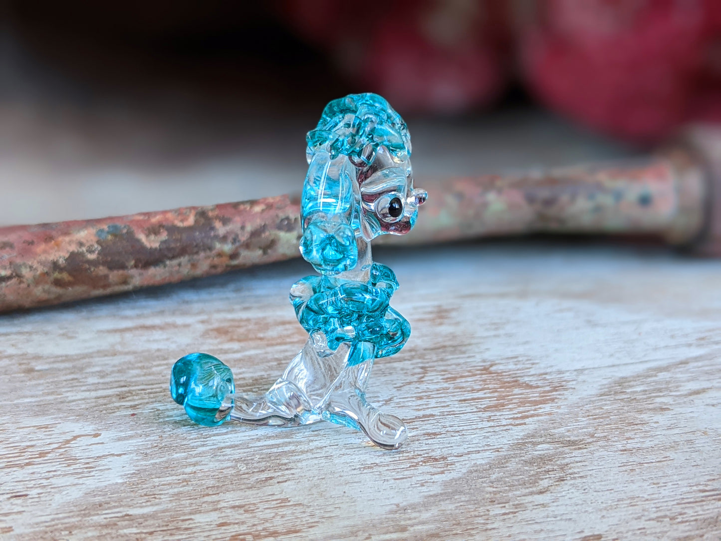 Vintage Hand-Pulled Glass Poodle Blue Murano Style Italian Handmade Glass Adorable !! One-Of-A-Kind Joyful Vintage Gifts !!