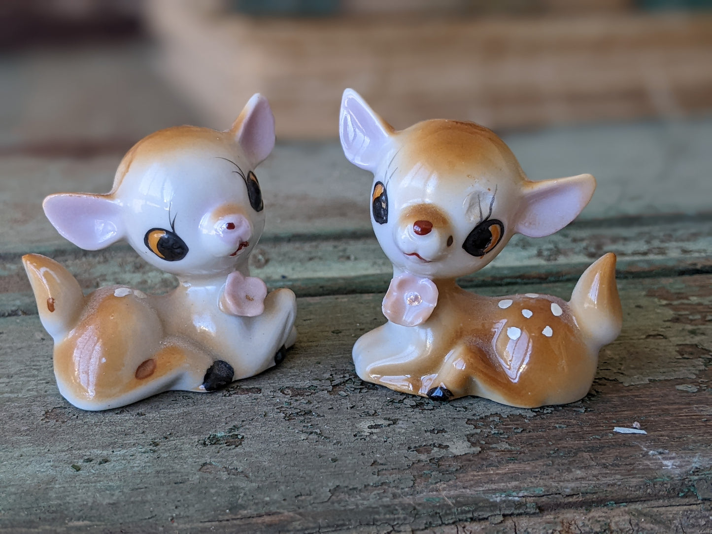 1950s Fawns Doe Baby Deer Porcelain Figurines Japan Applied Flowers !! Kitschy Kitsch Vintage Adorable Gifts & Collectibles