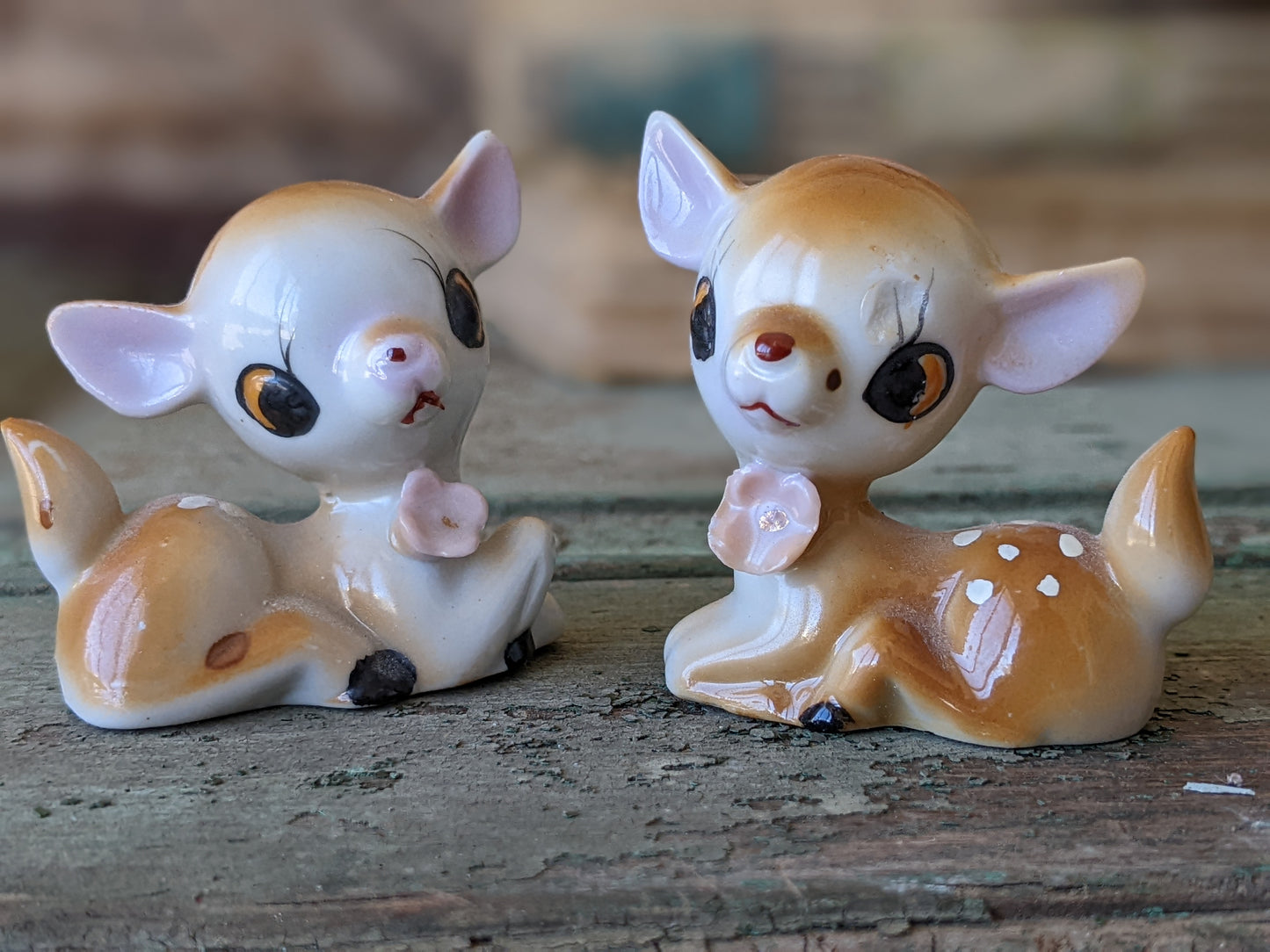 1950s Fawns Doe Baby Deer Porcelain Figurines Japan Applied Flowers !! Kitschy Kitsch Vintage Adorable Gifts & Collectibles