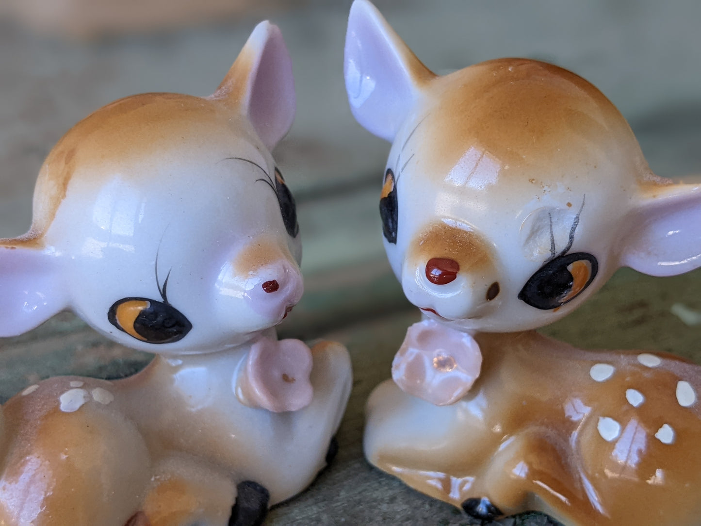 1950s Fawns Doe Baby Deer Porcelain Figurines Japan Applied Flowers !! Kitschy Kitsch Vintage Adorable Gifts & Collectibles