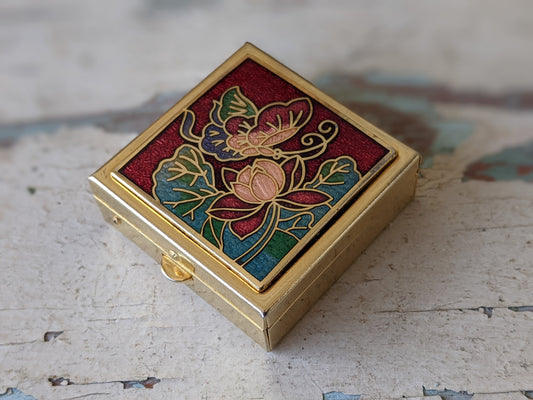 1960s Cloisonne Enamel Floral Square Pill Box !! Collectible Vintage Gifts !!