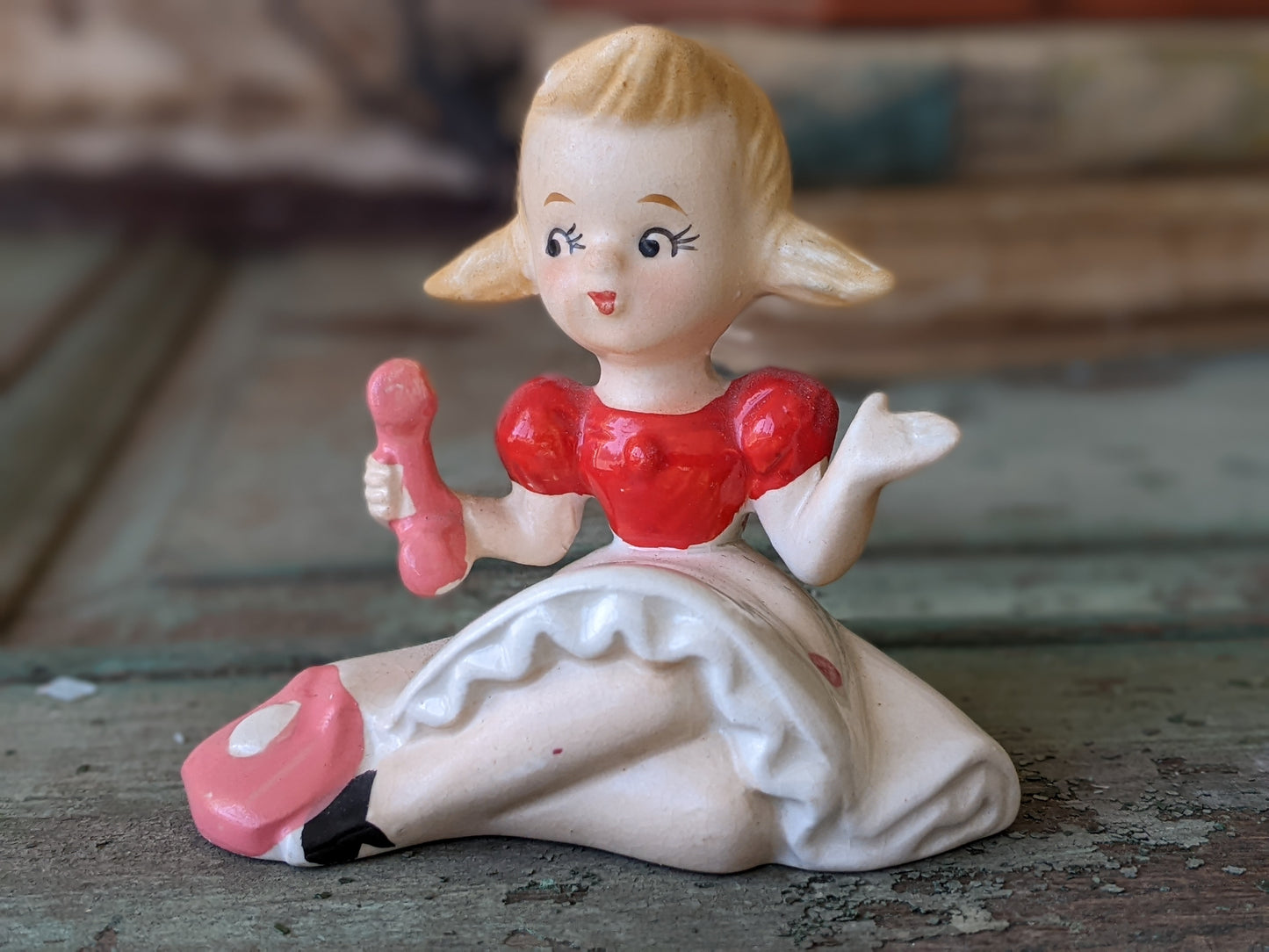 1950s Teen Girl on Phone Red Dress Polka Dots Japan Soc !! Amazing Vintage Gifts & Collectibles