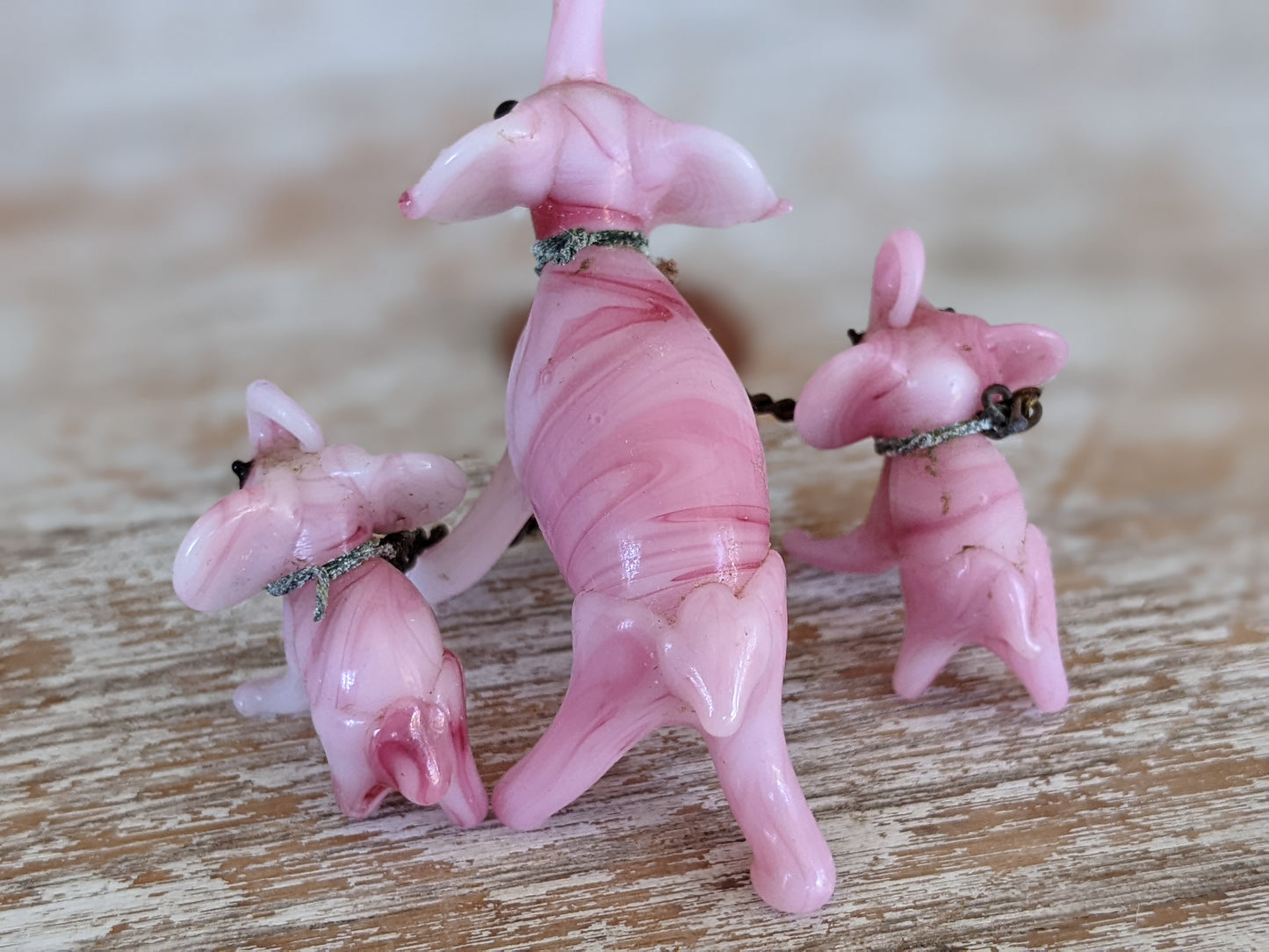 1960s Hand-Pulled Glass Elephant Family Pink Marbled Handmade Blown w Original Chain !! Amazing One-Of-A-Kind Vintage Gifts !!