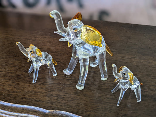 1970s Hand-Pulled Glass Elephant Family Clear Orange Handmade Blown !! Amazing One-Of-A-Kind Vintage Gifts !!