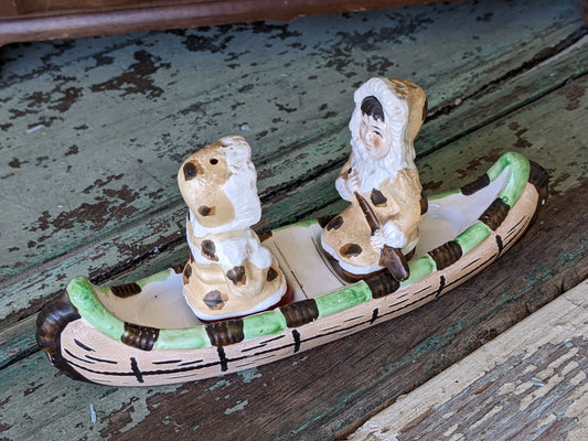 1950s Eskimos Salt Pepper Shakers on Canoe by Victoria Ceramics !! Classic Spicy Vintage Gifts & Collectibles