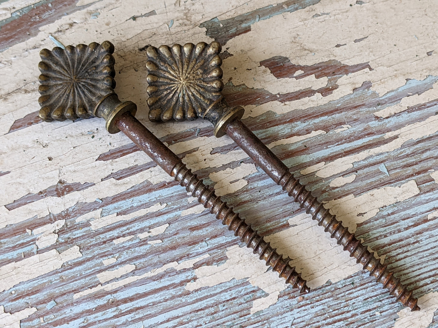 1800s Coffin Key Screws Set of 2 Brass Burst Diamond Steel 3 1/2" !! Amazing Antique Hardware & Restoration Creative Ideas