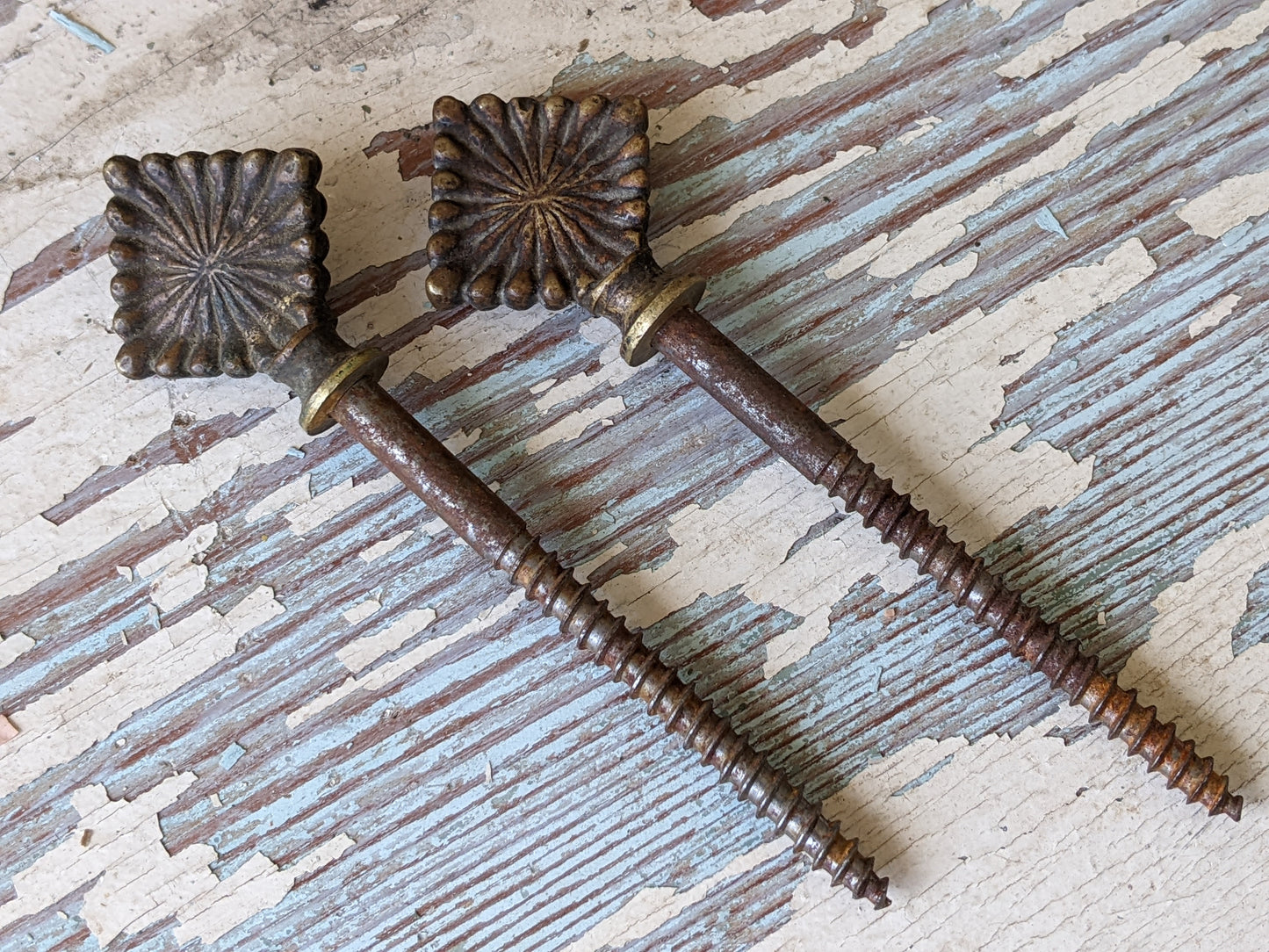 1800s Coffin Key Screws Set of 2 Brass Burst Diamond Steel 3 1/2" !! Amazing Antique Hardware & Restoration Creative Ideas