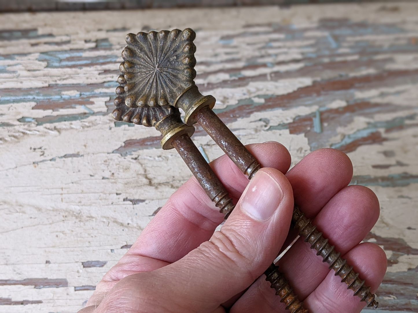 1800s Coffin Key Screws Set of 2 Brass Burst Diamond Steel 3 1/2" !! Amazing Antique Hardware & Restoration Creative Ideas