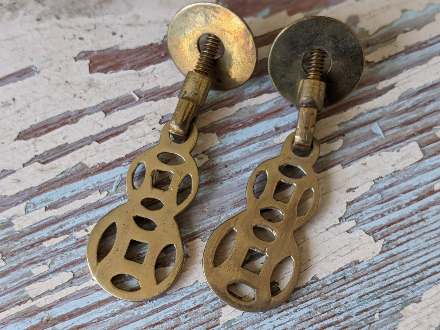 Vintage Asian Style Drawer Pulls w Cast Hinged Pull Brass Plated Finish !! Awesome Vintage Restoration & Creative Hardware !!