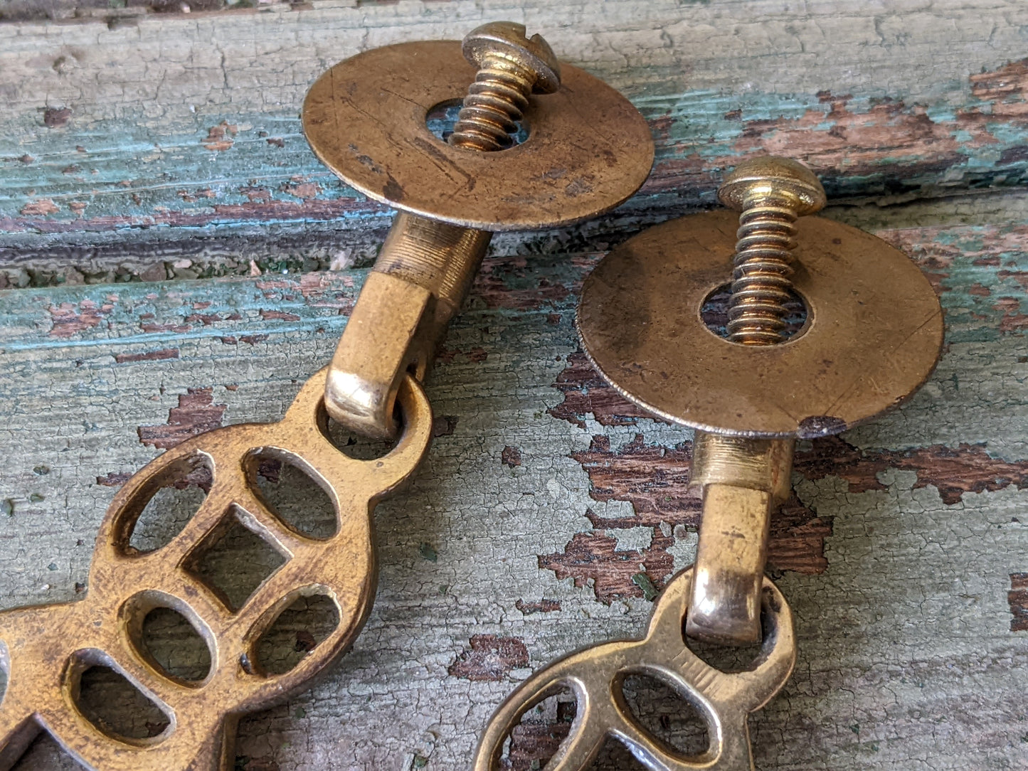 Vintage Asian Style Drawer Pulls w Cast Hinged Pull Brass Plated Finish !! Awesome Vintage Restoration & Creative Hardware !!