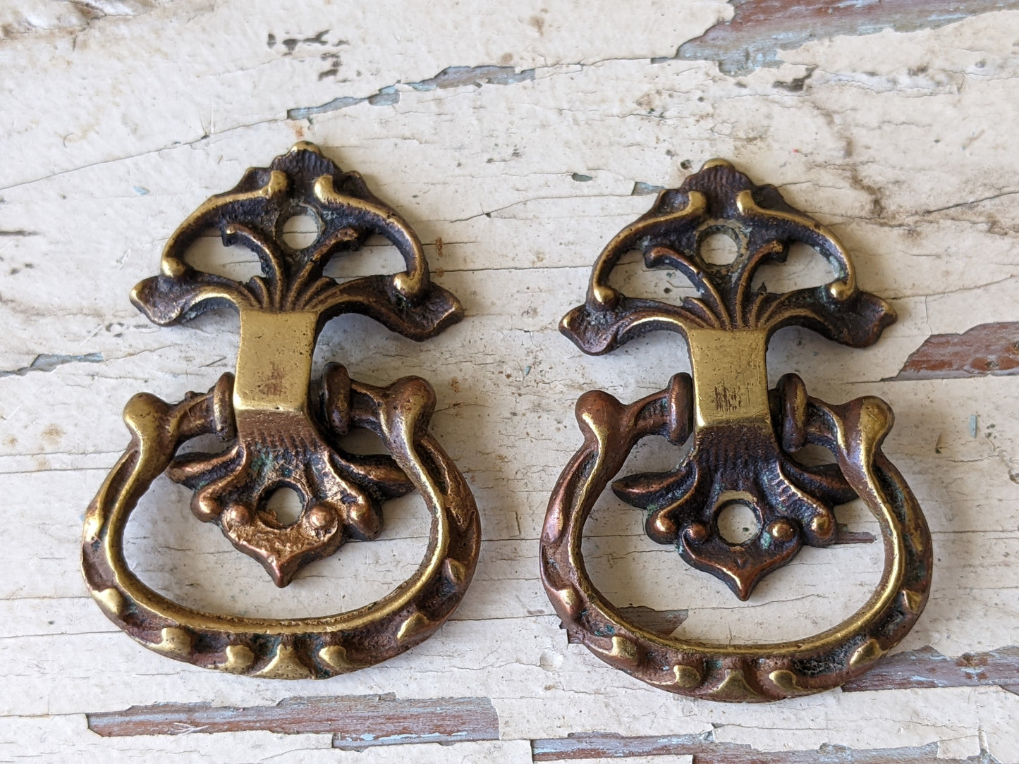 Vintage Victorian Ornate Chippendale Style Drawer Pull Set of 2 Cast Metal w Blended Copper Brass Finish !! Awesome Restoration Creative