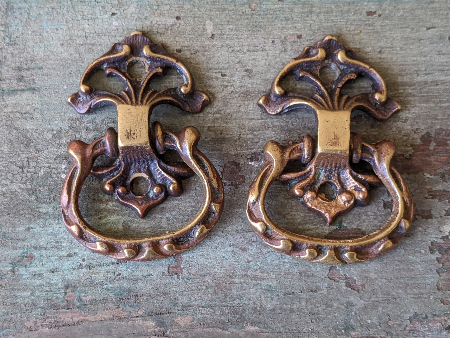 Vintage Victorian Ornate Chippendale Style Drawer Pull Set of 2 Cast Metal w Blended Copper Brass Finish !! Awesome Restoration Creative