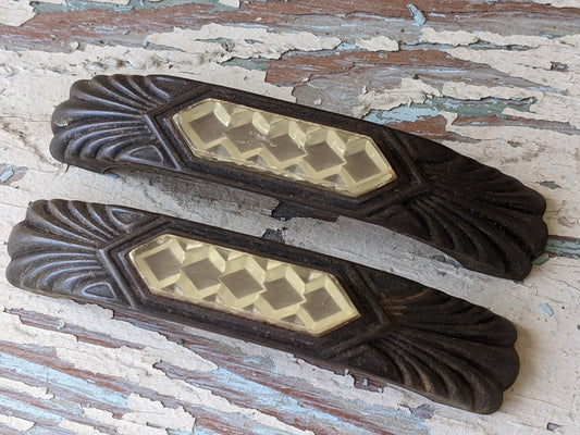 1930s - 1940s !! Rare Salvaged Stamped Brass Drawer Pulls Art Deco Unmarked Gorgeous Patina Set of 2 !! Perfect Vintage Restoration Decor !!