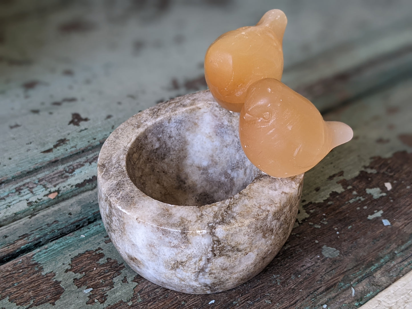 Vintage Orange Selenite Birds Perched Carved Stone Bowl Gypsum Crystal !! Natural Healing Gifts & Collectibles