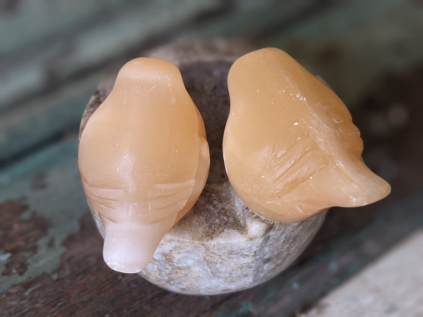 Vintage Orange Selenite Birds Perched Carved Stone Bowl Gypsum Crystal !! Natural Healing Gifts & Collectibles