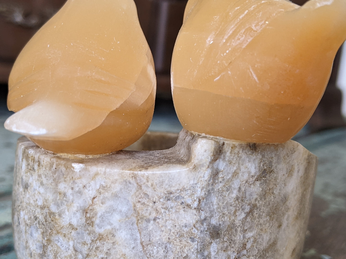 Vintage Orange Selenite Birds Perched Carved Stone Bowl Gypsum Crystal !! Natural Healing Gifts & Collectibles