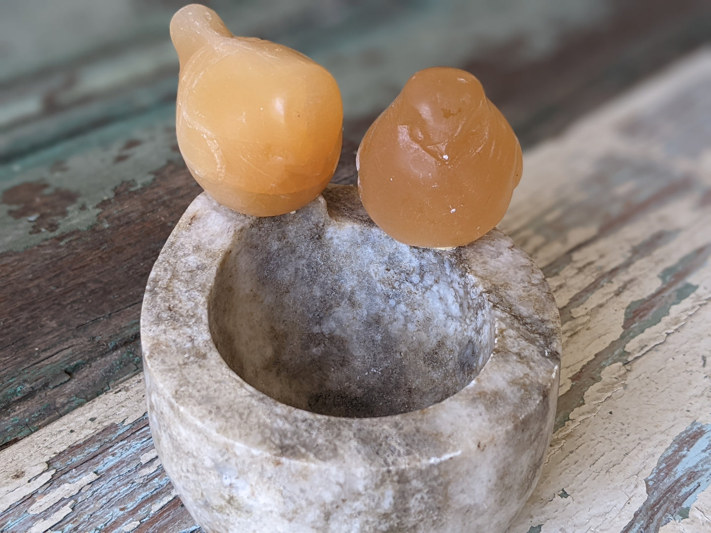 Vintage Orange Selenite Birds Perched Carved Stone Bowl Gypsum Crystal !! Natural Healing Gifts & Collectibles