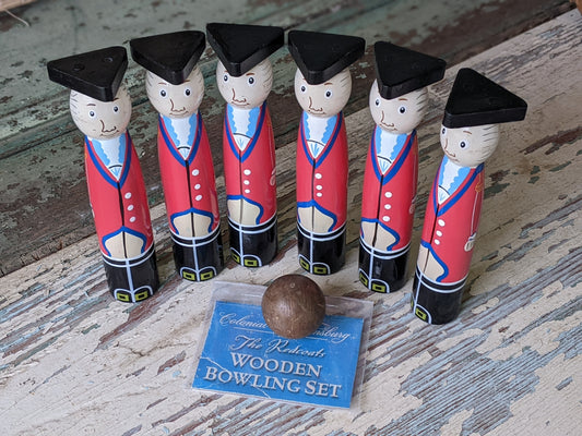 Vintage Wooden Bowling Set Colonial Williamsburg Redcoats Revolution 6 pcs Ball !! Joyful Vintage Souvenir Gifts & Collectibles