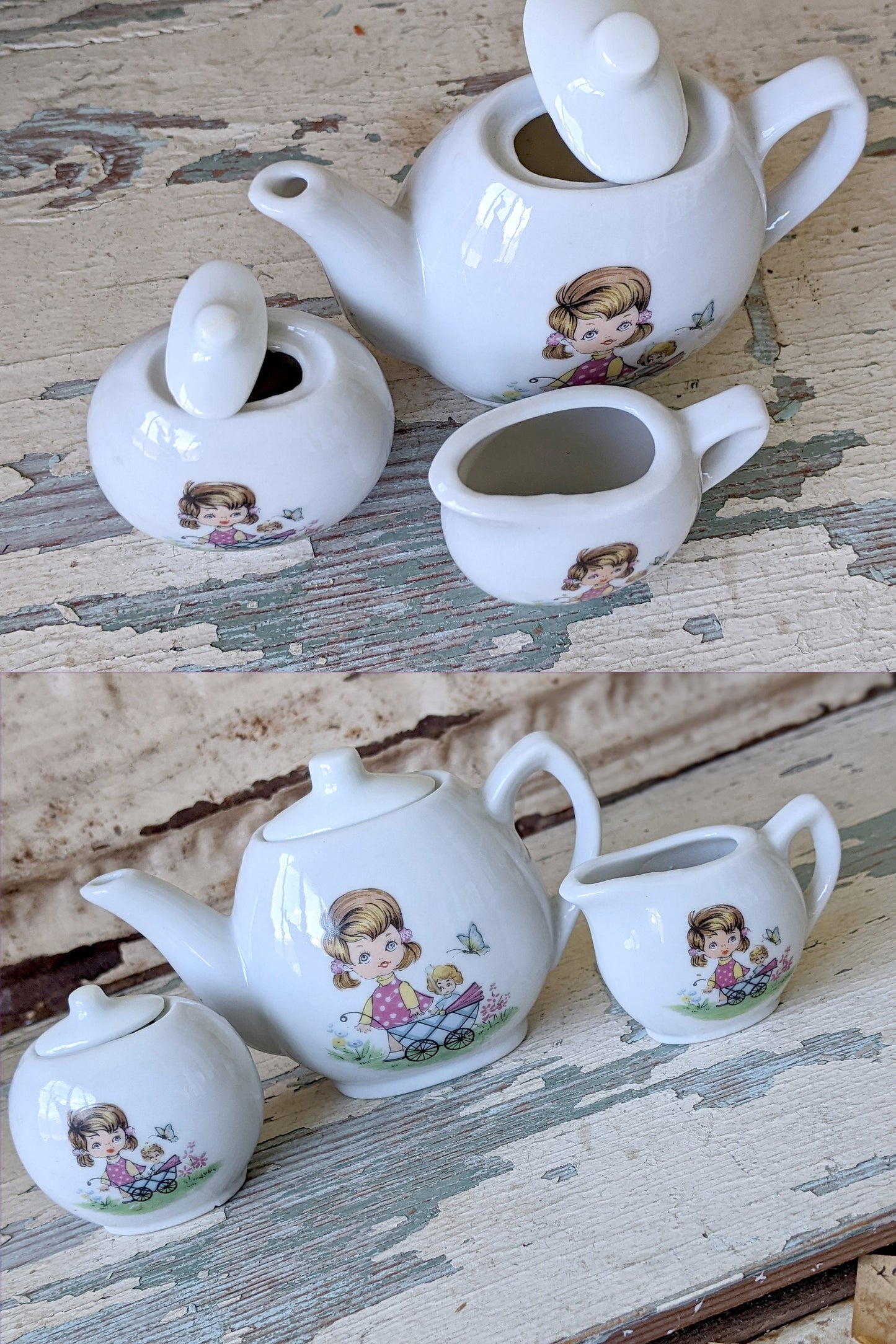 1950s !! Rare Pattern !! Toy China Tea Set Complete 15 Piece Set Girl Baby Doll Stroller Carriage Made In Japan !! Adorable Vintage Gifts !!