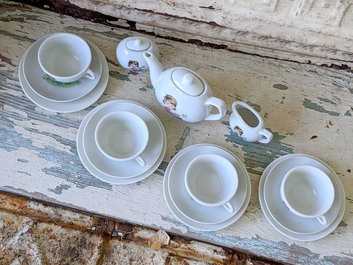 1950s !! Rare Pattern !! Toy China Tea Set Complete 15 Piece Set Girl Baby Doll Stroller Carriage Made In Japan !! Adorable Vintage Gifts !!