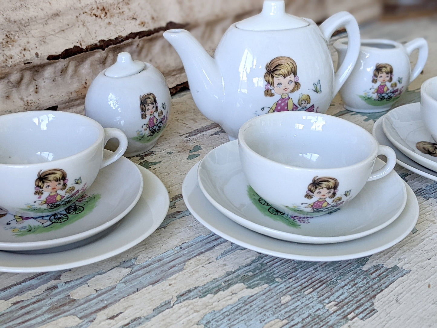 1950s !! Rare Pattern !! Toy China Tea Set Complete 15 Piece Set Girl Baby Doll Stroller Carriage Made In Japan !! Adorable Vintage Gifts !!